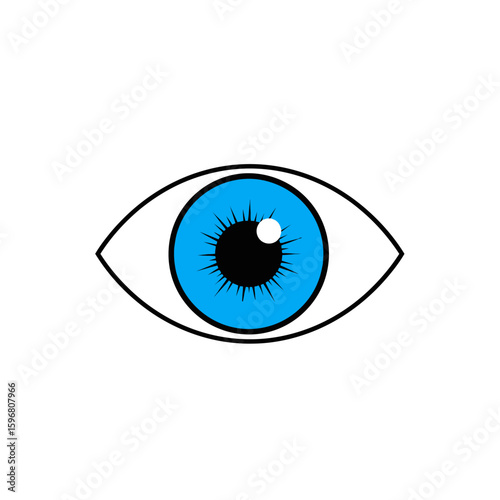 A stylized, cartoon-like illustration of a single blue eye with a black pupil and a white highlight, set against a plain white background.