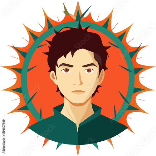Illustration of a young man named Ross surrounded by thorny design elements in a bold color scheme