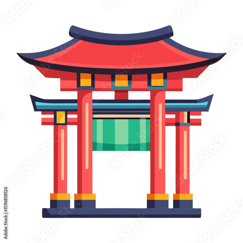 Illustration of a traditional shrine gate with a roof in a vibrant flat design