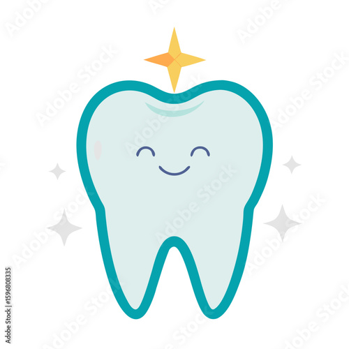 Cute illustration of a smiling tooth with a sparkle effect, representing dental health