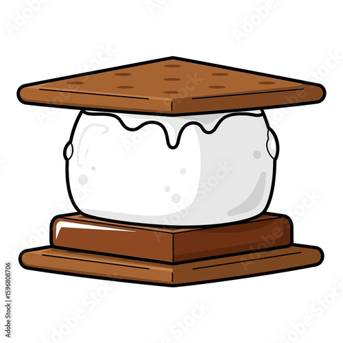 A cartoon illustration of a s'more, featuring a toasted marshmallow between two graham crackers and chocolate.