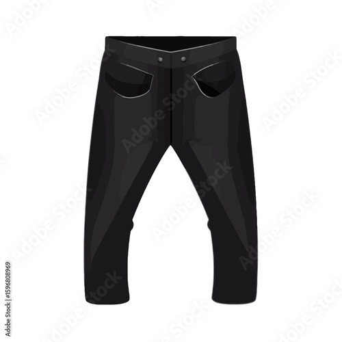 Illustration of a pair of black, cropped trousers with visible pockets and button closure, isolated on a white background.