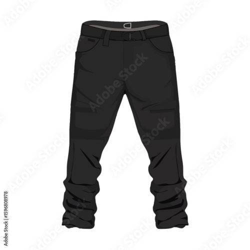 Illustration of black casual pants with pockets, belt, and a white background.