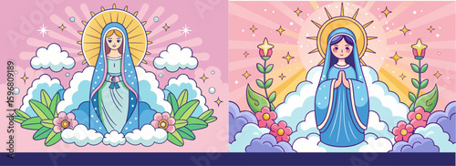Beautiful Holy Virgin Mary Illustrations with Halo, Flowers, and Clouds, Peaceful Religious Artwork Collection for Spiritual Faith Concepts.