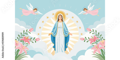 Blessed Virgin Mary with Halo and Sunrays in Cloud Sky Scene with Angels and Flowers, Spiritual Religious Faith Artwork for Catholic Themes