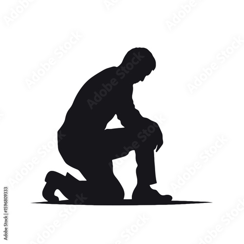 Silhouette of a man kneeling with his head bowed down, appearing in a posture of prayer, reflection, or submission.