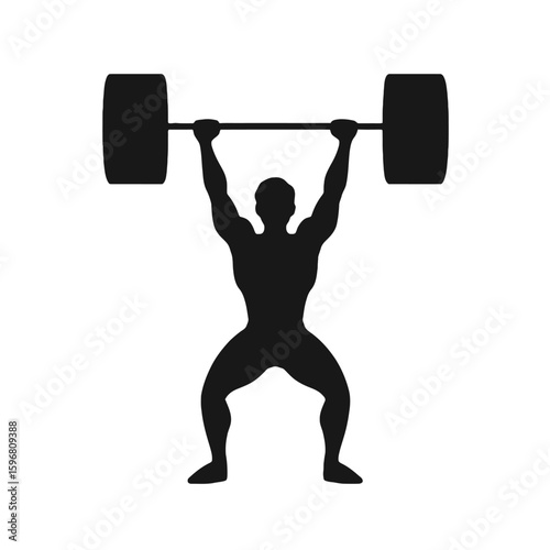 Silhouette of a weightlifter powerfully lifting a barbell overhead, showcasing strength and determination against a white background.
