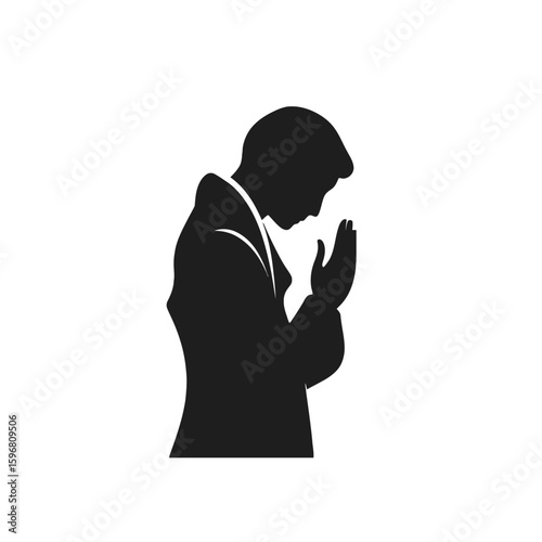Silhouette of a man with hands clasped in prayer or meditation, head bowed in reverence.
