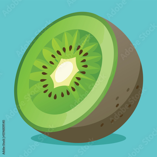 Vibrant sliced kiwi fruit with juicy green pulp and black seeds presented as a detailed vector illustration for healthy food and tropical themes