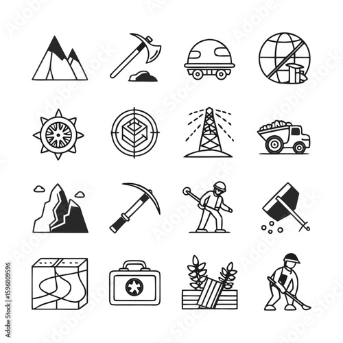 Geology and Earth Science Icon Collection | Black Silhouette Vector Icons for Geography, Minerals, Natural Resources, and Excavation