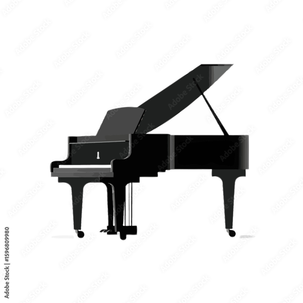 A sleek black grand piano with its lid open, presented against a clean white background. A sleek black grand piano with its lid open, presented against a clean white background.