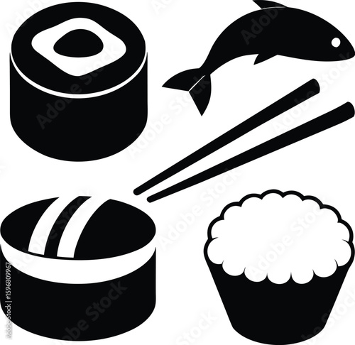 Simple and clean silhouette illustration of sushi featuring iconic japanese food items like nigiri and maki rolls perfect for culinary or asian themed designs