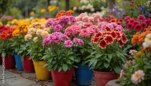 Wallpaper Mural Vibrant colorful flowers bloom in a well-maintained garden with wooden fence and tree. Variety of flowers in different sizes. Greenery and well-tended garden design. Torontodigital.ca