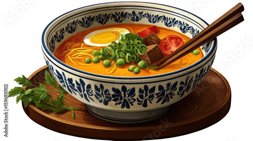 Delicious bowl of spicy ramen with egg and chopsticks isolated on transparent background