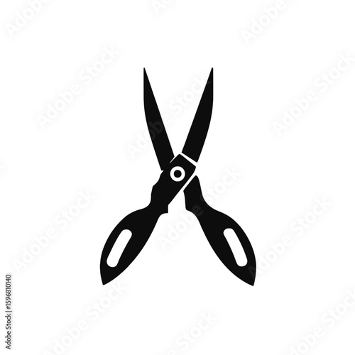 Black silhouette illustration of open scissors with curved handles and sharp blades on a white background.