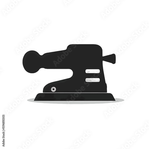 Silhouette of a black orbital sander tool, used for smoothing surfaces, resting on a white background with a subtle drop shadow.