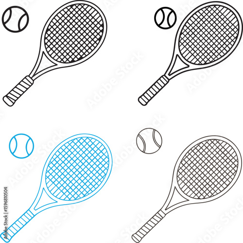Set of Tennis Racket and Ball Illustrations in Black, Blue, and Gray for Sports, Fitness, and Tennis-Themed Design Projects