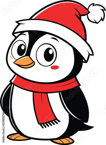 Adorable cartoon penguin wearing a red santa hat and a matching red scarf standing cheerfully with big eyes isolated on transparent background