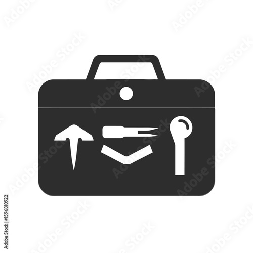 Black and white graphic illustration of a toolbox or briefcase containing various tools, including a wrench, screwdriver, and other implements.