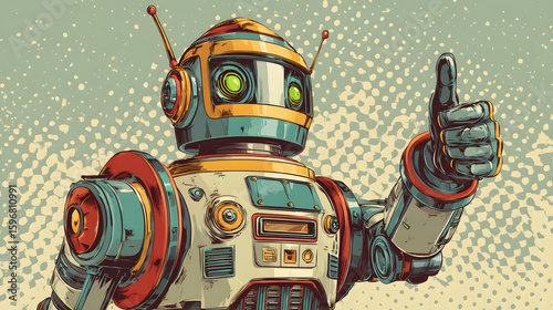A retro robot astronaut gives a thumbs up, a cool pop art style illustration. It's all about space, robots, and science fiction.