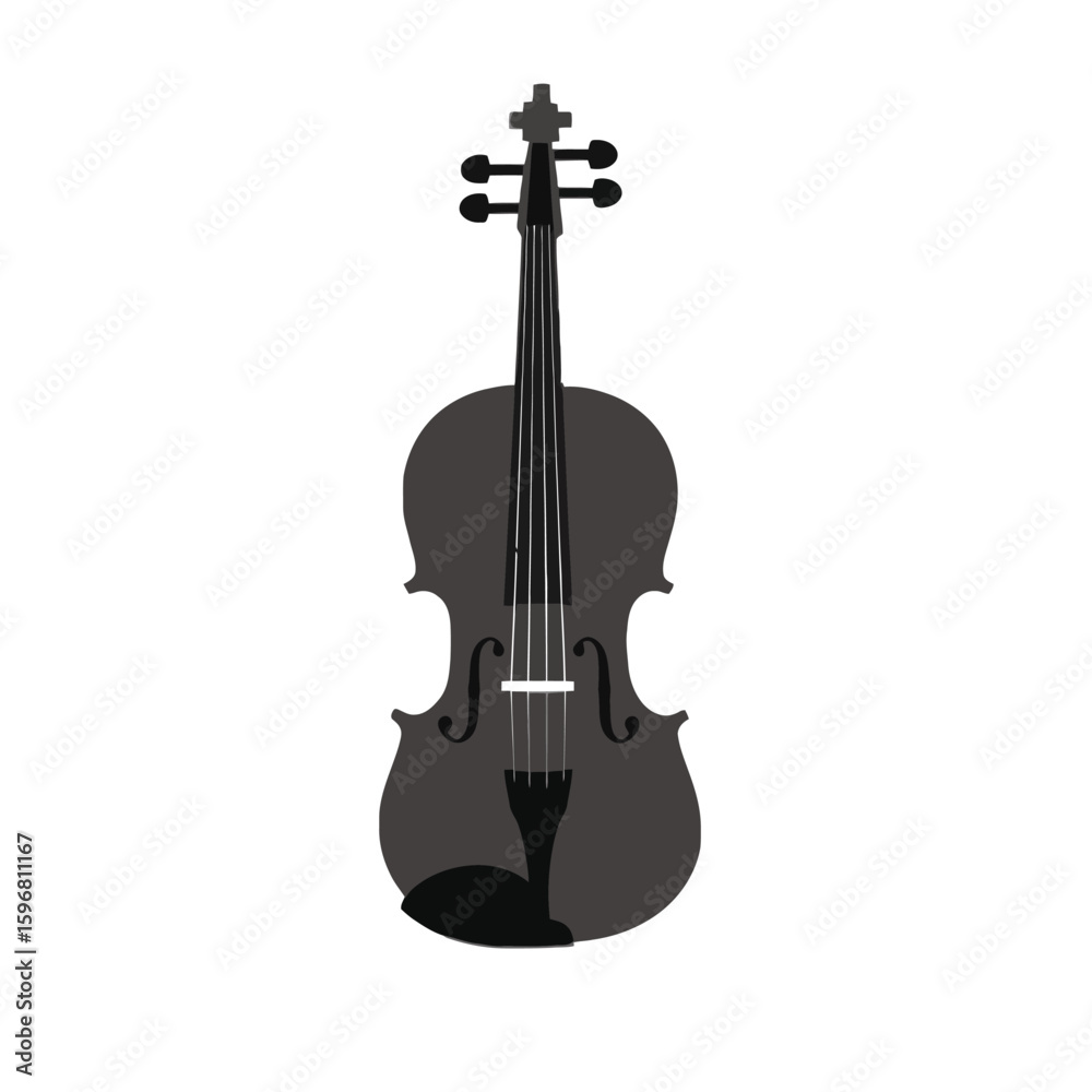 Fototapeta premium A gray violin with strings and tuning pegs, presented on a white background.