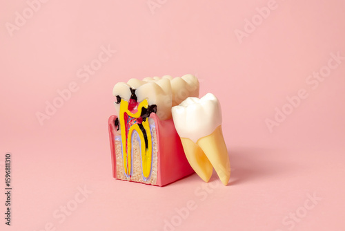 Dental 3D model of the oral cavity in section. On the model there is a tooth damaged by caries. Creative concept on a pastel background