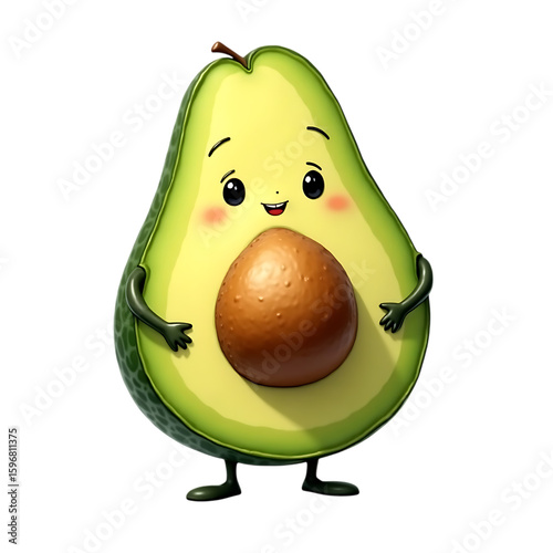 Cute avocado cartoon character illustration for healthy food and vegan lifestyle design concept on transparent background