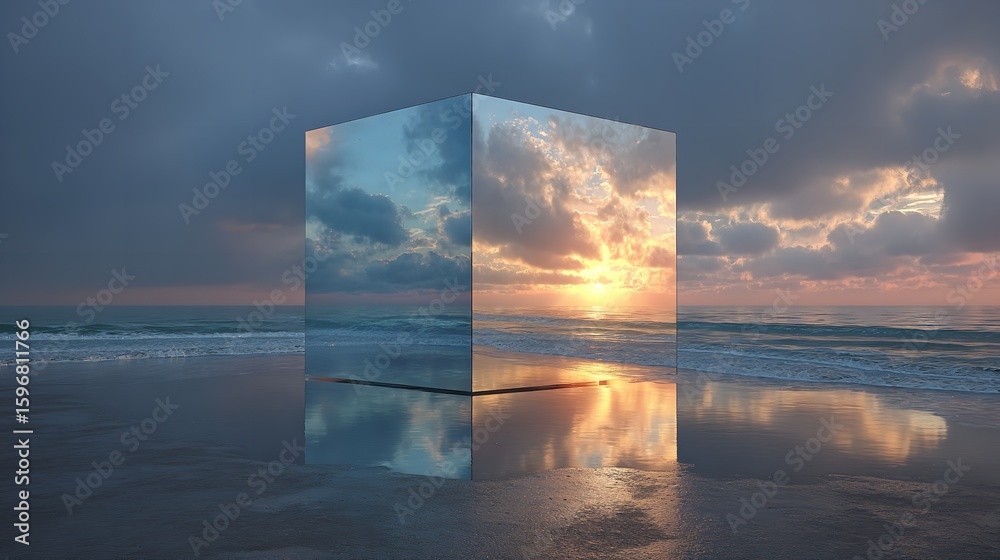 Fototapeta premium A mirror cube reflecting a tranquil beach sunset a portal to peace and on transparent background