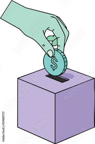 Hand placing dollar coin into purple donation box vector illustration with green hand and money concept 