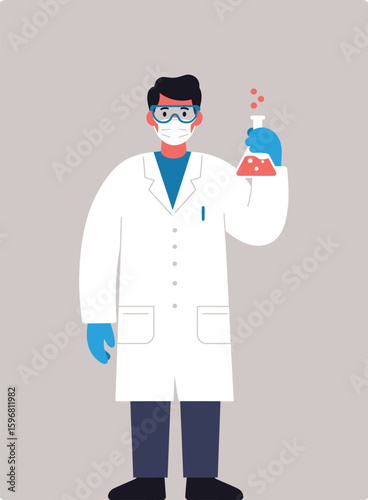 Male scientist character in a white lab coat, goggles, and mask holding a bubbling red chemical flask.