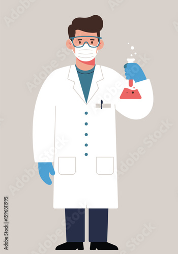 Young male scientist in a white lab coat and face mask holding a bubbling red flask.