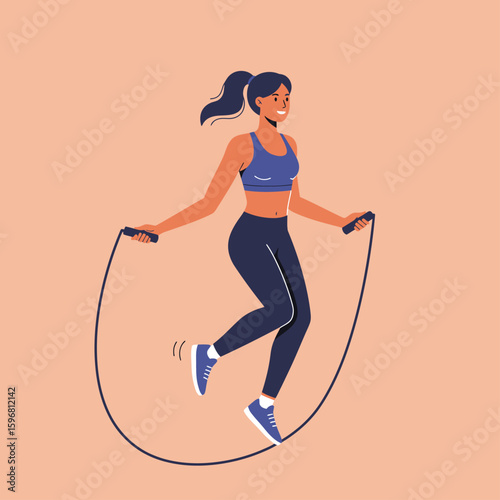 Happy athletic woman with a ponytail in blue sportswear jumping with a skipping rope.