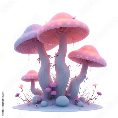 Fantasy glowing mushrooms illustration in pastel colors for digital art and design projects usage on transparent background