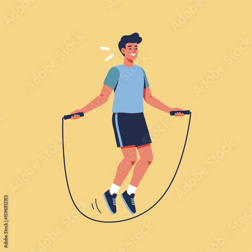 Smiling young man in blue sportswear happily jumping with a skipping rope.
