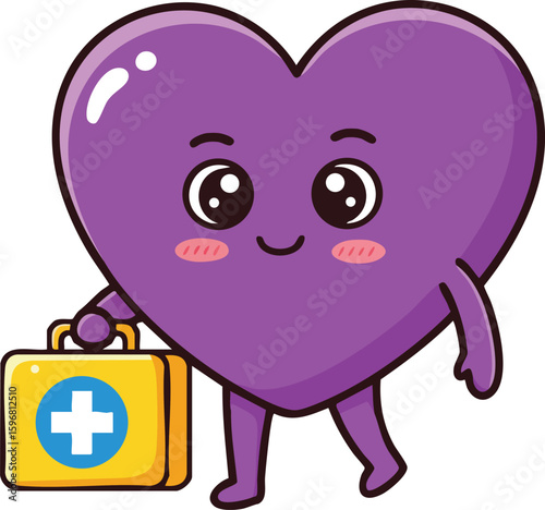 Purple heart character holding medical first aid kit smiling friendly vector illustration 