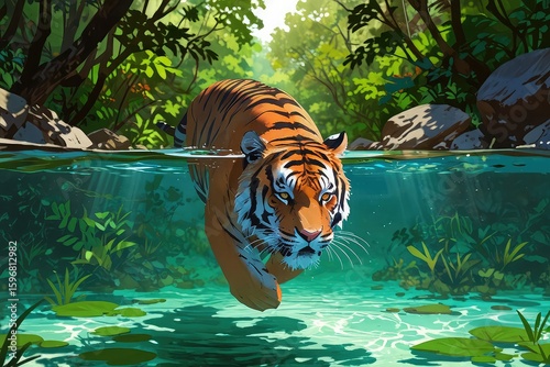 Tropical Forest Tiger Swimming – Split View Photography, Tiger Swimming in Clear Jungle Stream – Wildlife Photography