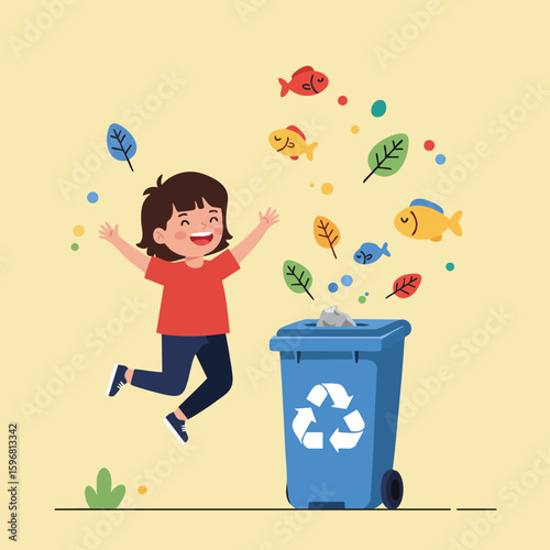 Child happily jumping near recycling bin with colorful fish and leaves flying around in eco-friendly scene vector illustration 