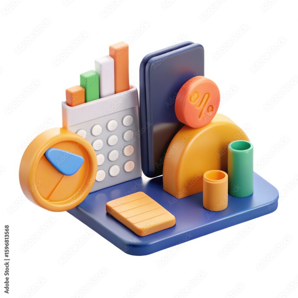 Obraz premium 3d business and finance icons with clock and calculator isolated on white background