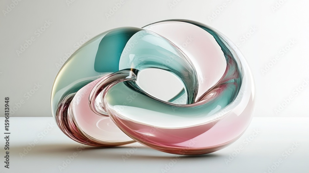Intertwined, translucent forms in shades of teal and rose. Intertwined, translucent forms in shades of teal and rose.