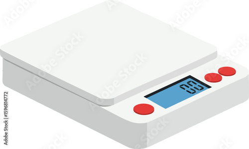 Digital kitchen scale with blue LCD display and red buttons for precise food measurement vector illustration 