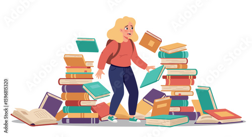Young student among stacks of books in cartoon style