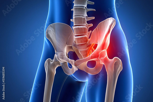 Anatomical illustration showing hip joint pain and inflammation