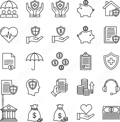 Line Art Collection Insurance, Finance, and Protection Icons for Modern Design Projects
