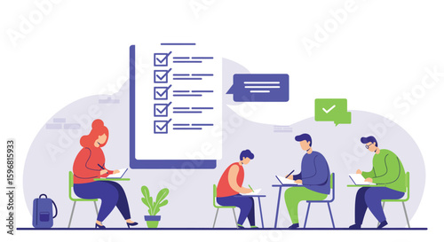 Collaborative learning environment with students and teacher in a modern classroom setting