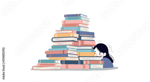 Overwhelmed student behind towering stack of colorful books