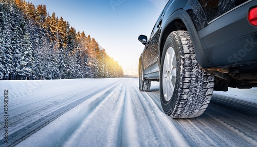 close up of winter tire on an suv car snow covered road and highway