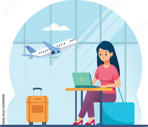 Woman Working on Laptop at Airport Departure Gate with Airplane Taking Off