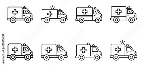 Collection of ambulance icons depicting medical emergency response
