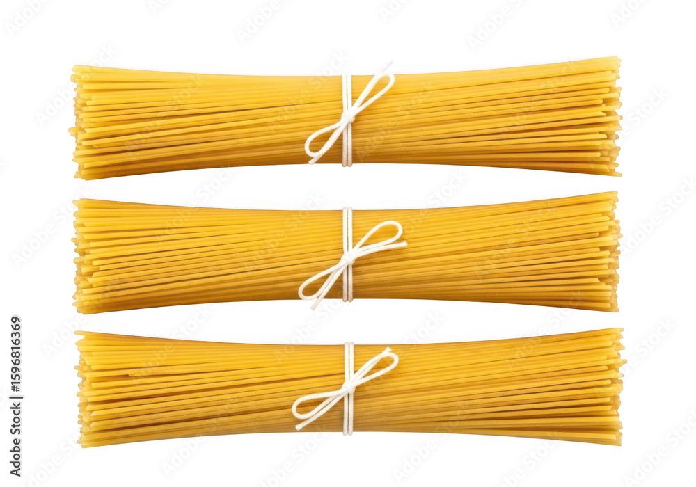 Three bundles of dry spaghetti tied with white string on pasta food Three bundles of dry spaghetti tied with white string on pasta food