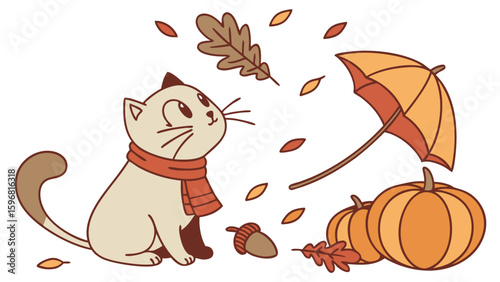 Cute Bashful Cat in a Autumn world – Autumn Leaves palette vector